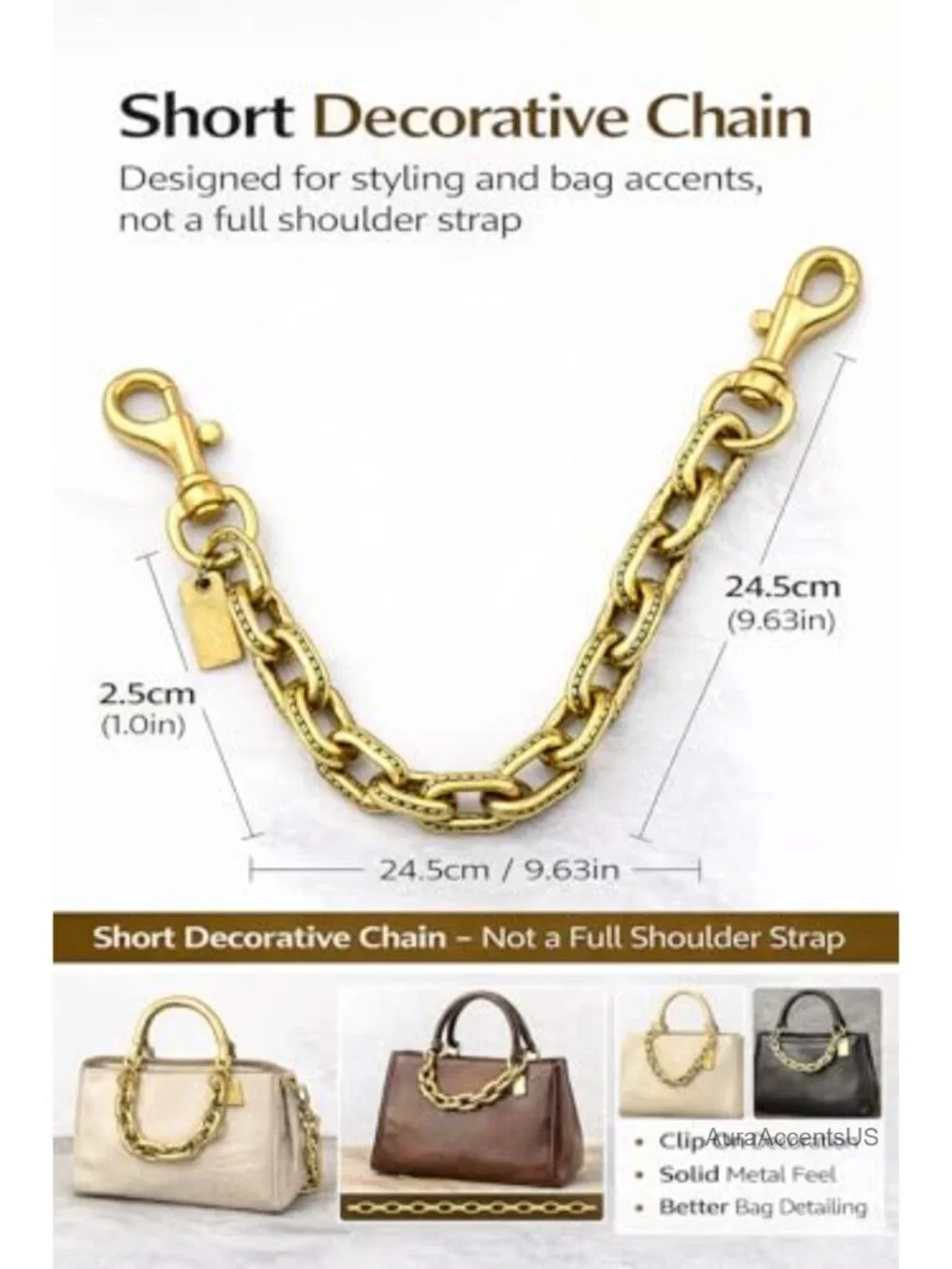 Chunky Decorative Purse Chain with Double Clips - Short Bag Accent for Handbags